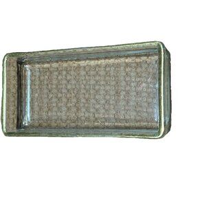 vintage heavy clear glass Rectangular trinket dish with a gold rim